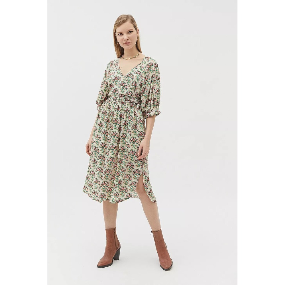 Urban Outfitters Floral Faux Wrap Midi Dress Cream Pink Green Pockets XS